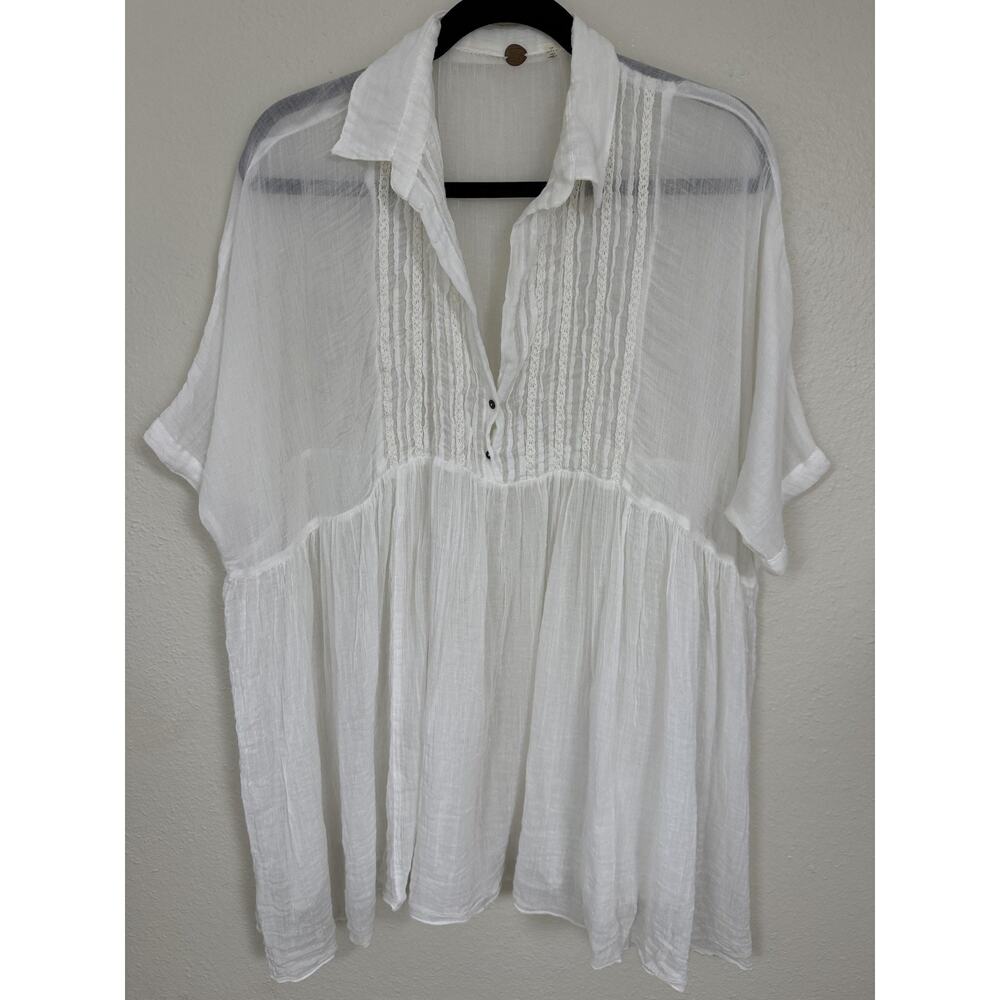 FP One White Gauze Boho Tunic Blouse Kimono Sleeve M/L